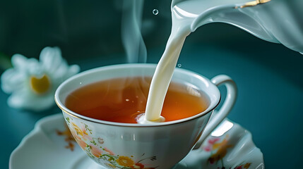 Wall Mural - A cup of tea with milk being added.