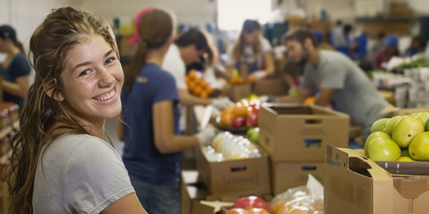 Charity, donation and volunteering concept - close up of happy smiling female volunteer packing food in boxes at distribution or refugee assistance center