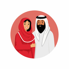 Wall Mural - Cartoon muslim man and woman wearing ihram clothing