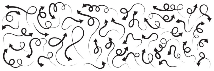 Poster - Set of hand drawn arrow element vector. Collection of doodle arrows, lines, symbol, pointing mark, shapes on white background. Thin arrows set for business plan, presentation and education.