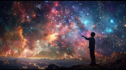 Wall Mural - A man standing on a hill looking at the stars, AI