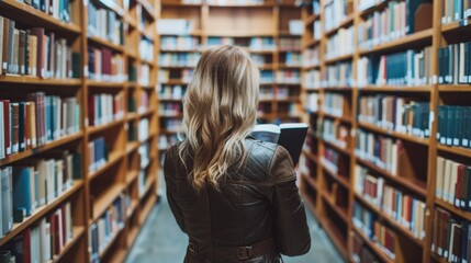 Canvas Print - A woman in a leather jacket is looking at books on the shelves, AI