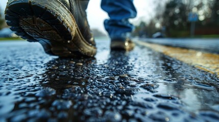 Canvas Print - A person walking on a wet road with rain drops and puddles, AI