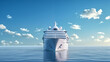 A majestic white cruise ship voyages across the calm blue ocean under a sky dotted with fluffy clouds.
