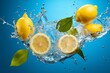 Fresh lemons falling into water with splash on blue background,ai generated