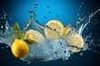 Lemon, fresh lemons on isolated blue background with water splash, organic diet food, healthy natural fruit. Fresh citrus Lemonade.ai generated