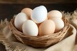 basket of colorful fresh eggs on wooden table,ai generated