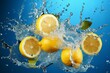 halves of fresh lemons sinking deep into water with splashes against a blue background,ai generated