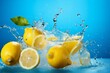 Fresh and juicy lemon slice and splashing water, close up shot, on blue background, beverage advertising concept.ai generated