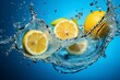 Fresh lemons with a green leaf splashing into water, creating dynamic droplets and waves, against a blue background,ai generated