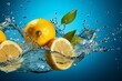 Fresh lemons splashing in water with vibrant drops. Healthy lifestyle and vitamin C boost concept. Design for juice, culinary, health poster,ai generated