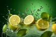 Water splash on green background with lemon slices,ai generated