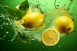 Fresh Lemons and limes falling with water splash on isolated green background,ai generated