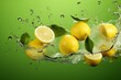lemon falling into water, slice on a green background, refreshing drink, cooling, freshness, energy, water splashes, lemons,ai generated