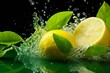lemon falling into water, slice on a dark background, refreshing drink, cooling, freshness, energy, water splashes, lemons,ai generated