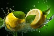 Fresh juicy lemon in splashes of water on a green background,ai generated