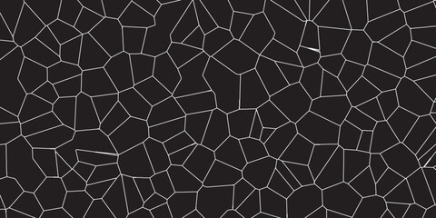 Poster - Black color Broken Stained-Glass Background with white lines. Voronoi diagram background. Seamless pattern with 3d shapes vector Vintage Illustration background. Geometric Retro tiles pattern