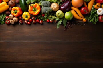 Wall Mural - Healthy food. Vegetables and fruits on a brown wooden background. Top view. Copy space.ai generated