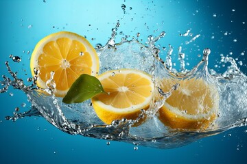 lemon fresh splash in water on blue background.ai generated