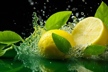 Wall Mural - lemon falling into water, slice on a dark background, refreshing drink, cooling, freshness, energy, water splashes, lemons,ai generated