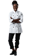 Full body photo of a smiling black female chef, isolated on white