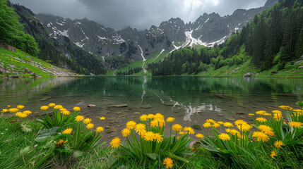 Sticker -   A mountain lake with yellow flowers in the foreground and snow-capped mountains in the background