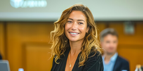 Poster - Smiling female businesswoman at a business presentation in a boardroom, engaging her audience during an informative workshop