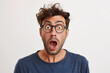 © Anastasia  - surprised man with glasses on white background, emotional man, guy  with glasses, surprise
