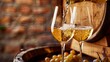 Elegant white wine pouring into glasses with rustic barrel background