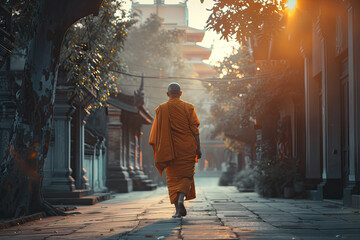 Wall Mural - a monk walks down a path in the morning.