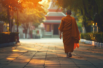 Wall Mural - a monk walks down a path in the morning.