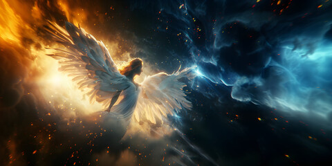 angel mythology, a beautiful protecting angel spreading wings. dramatic mythology vibe background, c