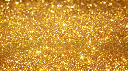 Gold Sparkling Festive Background with Noise Texture and Gold Flakes Bokeh and Defocused. Holiday Christmas Card or Winter Invitation Background.