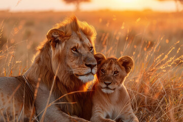 Canvas Print - lion and lioness family in the savannah at sunset