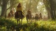 Vibrantly clad horseback riders traverse enchanted forest under dappled sunlight