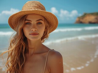 young beautiful sexy woman in bikini swimsuit, tropical island, summer vacation, resort fashion style, sand, slim, tanned, beach, view from back, booty, showing peace sign, positive mood, happy, hips