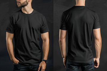 Canvas Print - The man wore a plain black sports t-shirt. mockup t-shirt front view and back view