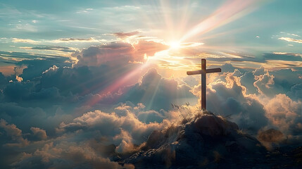 Wall Mural - A spiritual Easter greeting card featuring the cross on Golgotha with rays of light piercing through clouds