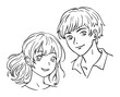 Happy boy and girl. Young couple portrait. On the face of a smile. Happy people. Cartoon anime style. Vector illustration. Black and white sketch style manga
