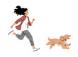 A young girl runs with a spaniel dog. Fun and joy. Pet friend. Flat vector art illustration isolated on white background