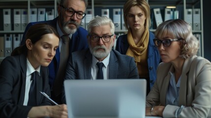 Poster - A group of people are sitting around a laptop, looking at it