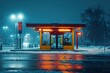 Empty bus station at night in winter with copy space