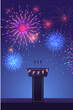 brightly colorful fireworks and stage stand or debate podium rostrum with microphones USA presidential election concept vertical