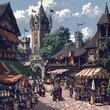 An 8-bit style medieval fair with jesters, knights, and artisans.