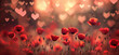a field of red poppy flowers with bokeh hearts