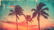 Cinematic Sunset with Silhouetted Palm Trees and Vintage Film Grain Texture