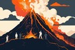 In this dynamic illustration, volcanologists observe and study a spectacular volcanic eruption, capturing the intersection of human curiosity and the raw power of nature.