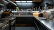 Industrial kitchen featuring stainless steel elements and dark matte black walls, close-up in high resolution showcases the sleek, modern contrast