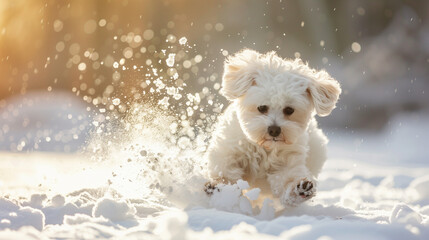  Playful puppy enjoying snowy weather.