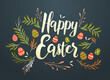 Happy Easter greeting card with colorful eggs and flowers spring holiday celebration banner horizontal